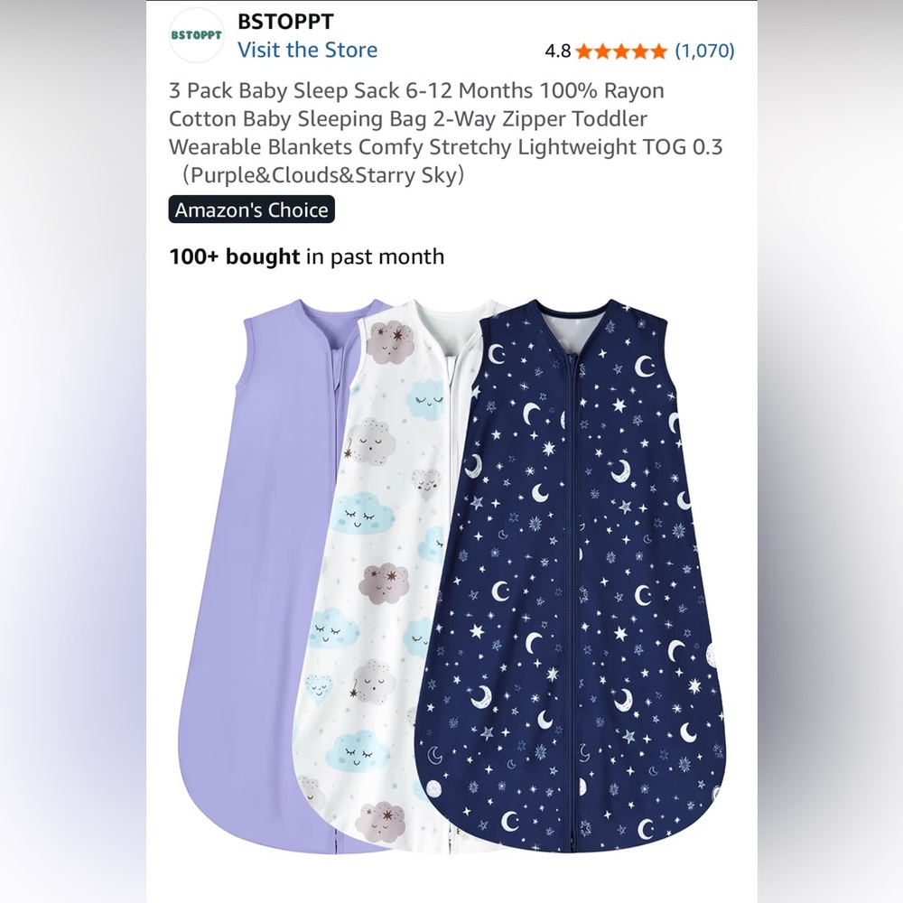 Set of 3 Baby Sleep Sacks in Purple, Cloud, and Starry Sky